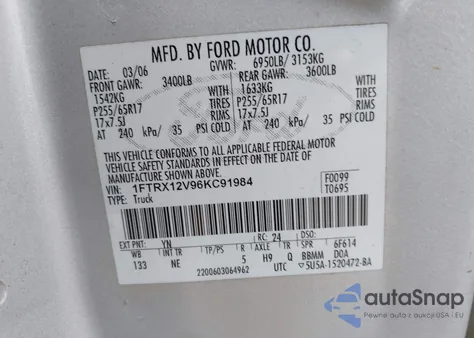 2006 Ford F-150 Lariat/Xlt z USA, uszkodzony, nr VIN 1FTRX12V96KC91984